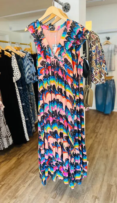 Oliphant Ruffle V Neck Maxi Dress In Venice In Multi