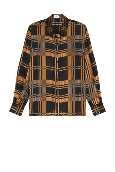 Saint Laurent Silk Shirt With Checked Pattern And Long Sleeves In Brown
