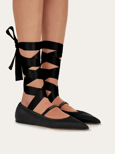 Ferragamo Sofia Wraparound Leather Ballet Flats In Black