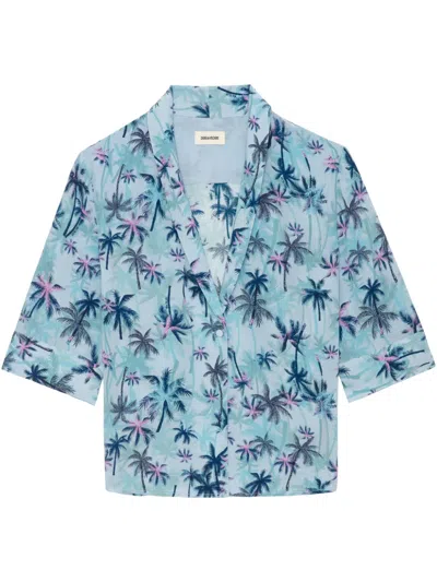 Zadig & Voltaire Telmos Sunset Palm Mist Print Silk Top In Blue
