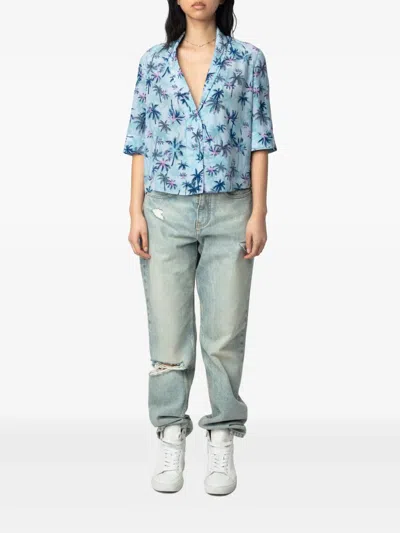 Zadig & Voltaire Telmos Sunset Palm Mist Print Silk Top In Blue