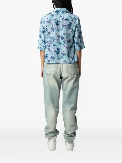 Zadig & Voltaire Telmos Sunset Palm Mist Print Silk Top In Blue