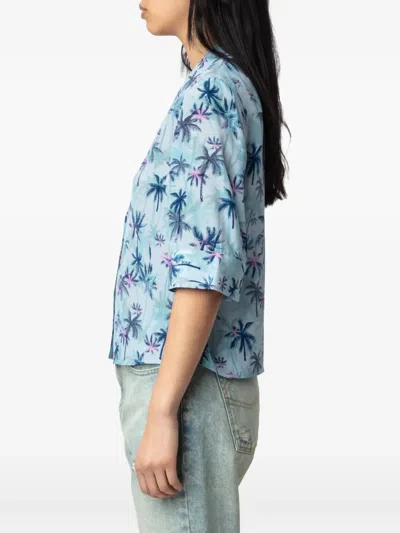 Zadig & Voltaire Telmos Sunset Palm Mist Print Silk Top In Blue