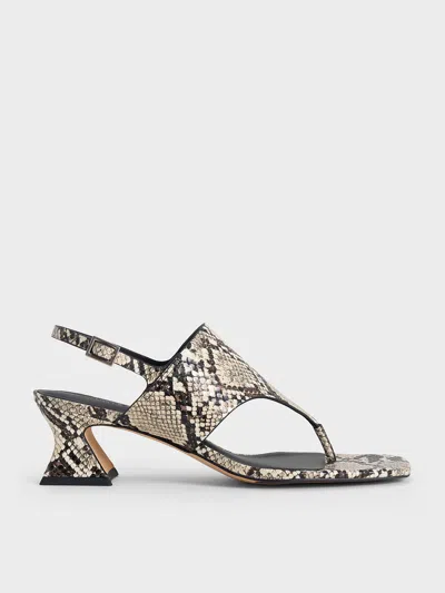Charles & Keith - Snake-print Wide-strap Heeled Thong Sandals In Animal Print Natural
