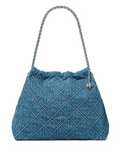 Tory Burch Fleming Soft Quilted Denim Hobo Bag In Blue