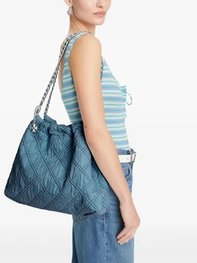 Tory Burch Fleming Soft Quilted Denim Hobo Bag In Blue