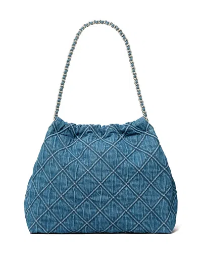Tory Burch Fleming Soft Quilted Denim Hobo Bag In Blue