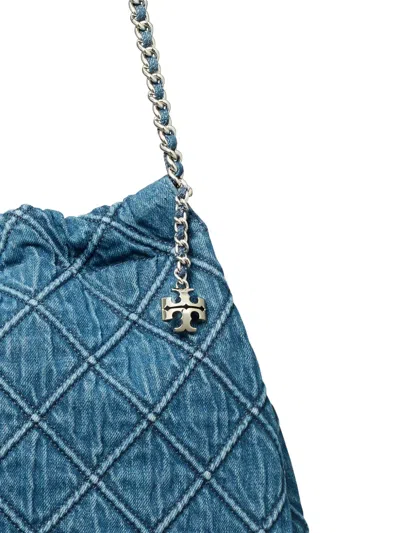 Tory Burch Fleming Soft Quilted Denim Hobo Bag In Blue