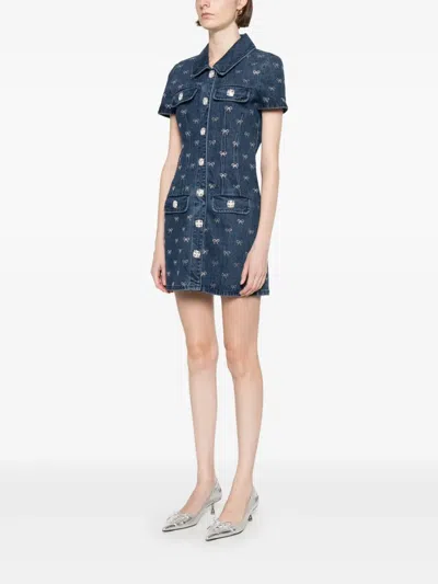 Self-portrait Bow-embellished Denim Mini Dress In Blue