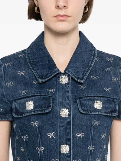 Self-portrait Bow-embellished Denim Mini Dress In Blue