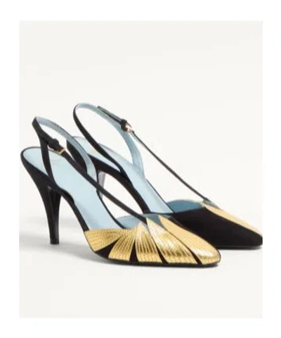 Valentino High Slingback Foliefoliage Black And Gold In Multicolor
