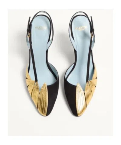 Valentino High Slingback Foliefoliage Black And Gold In Multicolor