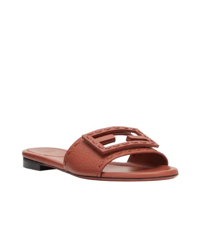 Fendi Baguette Leather Slides With Macro Selleria Topstitches In Brown