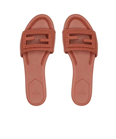 Fendi Baguette Leather Slides With Macro Selleria Topstitches In Brown