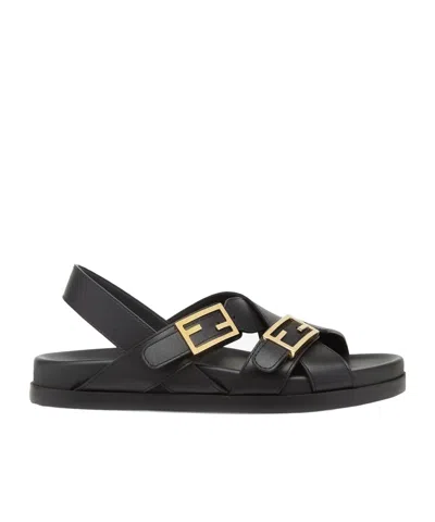 Fendi Women Black Singback Sandals With Ff Buckle Closure And Criss-crossed Straps In Leather Woman