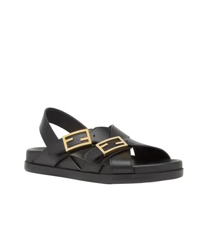 Fendi Women Black Singback Sandals With Ff Buckle Closure And Criss-crossed Straps In Leather Woman