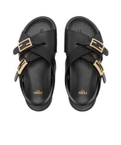Fendi Women Black Singback Sandals With Ff Buckle Closure And Criss-crossed Straps In Leather Woman