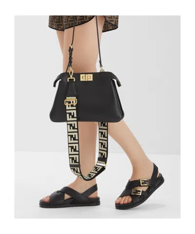 Fendi Women Black Singback Sandals With Ff Buckle Closure And Criss-crossed Straps In Leather Woman