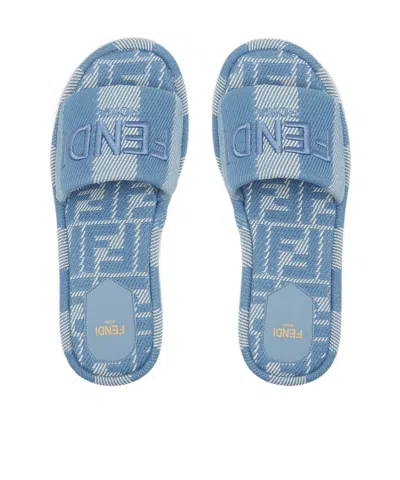 Fendi Sunshine Slide In Blue Denim-effect Jacquard In Animal Print