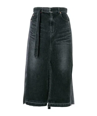 Sacai Pleated Denim Skirt With Adjustable Belt Loops In Black