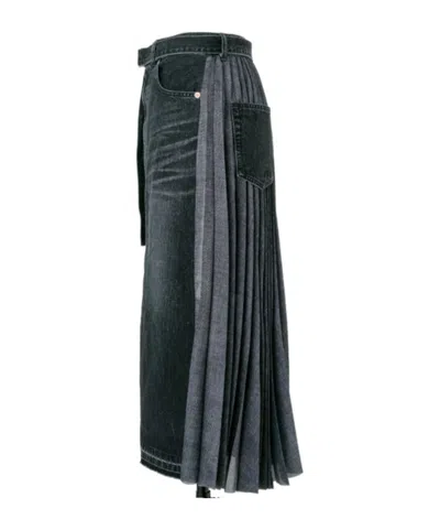 Sacai Pleated Denim Skirt With Adjustable Belt Loops In Black
