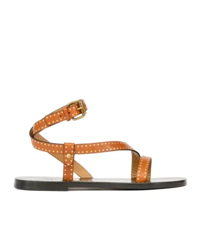 Isabel Marant Flat Brown Leather Sandals With Gold Stud Accents