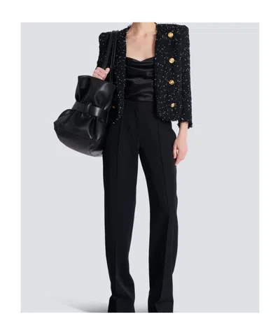 Balmain Cropped 8-button Jacket In Polka-dot Tweed In Black