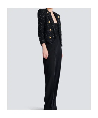 Balmain Cropped 8-button Jacket In Polka-dot Tweed In Black
