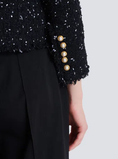 Balmain Cropped 8-button Jacket In Polka-dot Tweed In Black