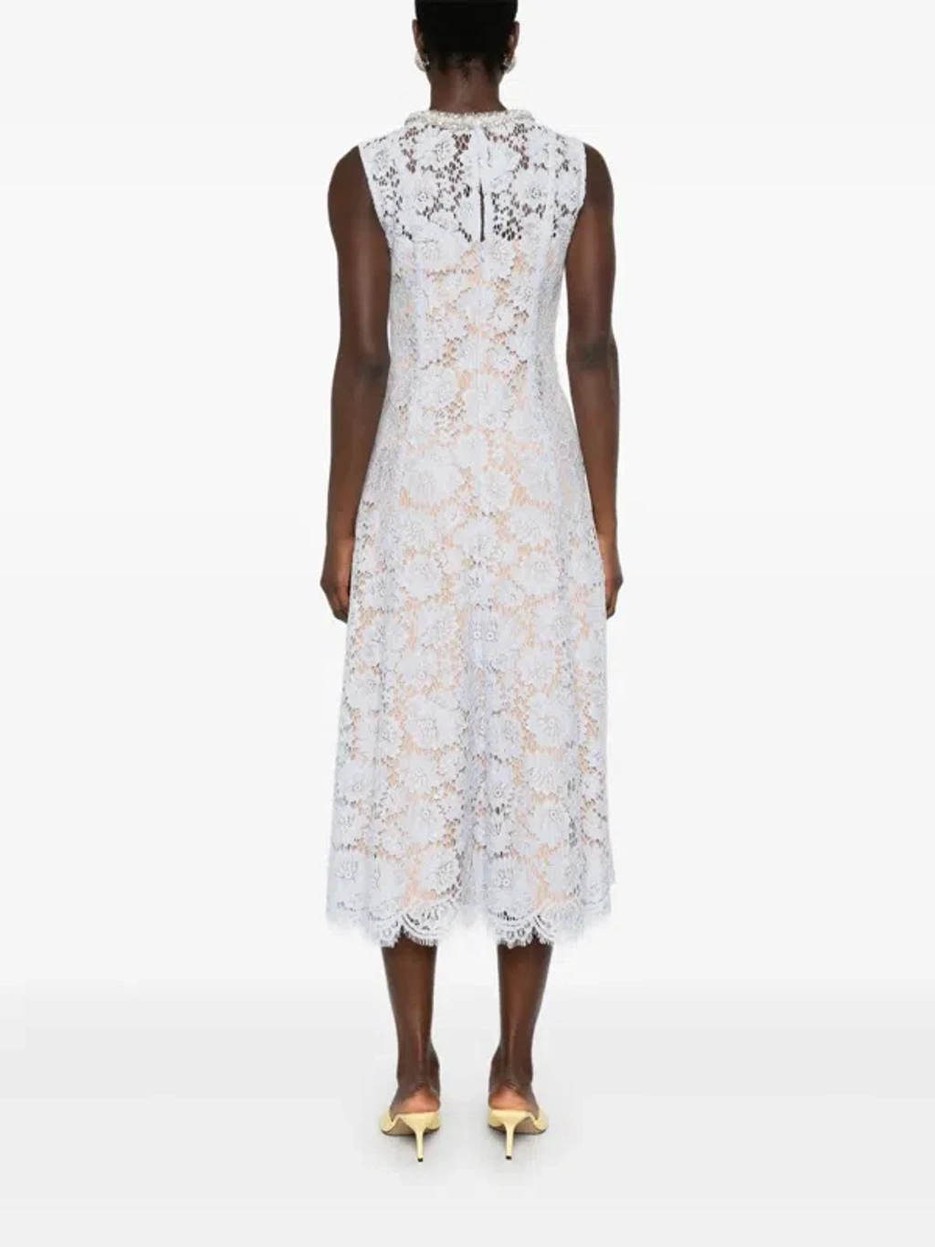 self-portrait lace pearl-embellished midi dress Self-Portrait Embellished Guipure Lace Midi Dress