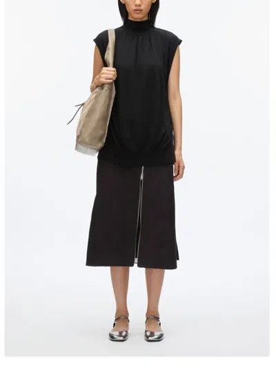 3.1 Phillip Lim Chiffon Godet Panel Mock Neck Sweater In Black