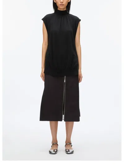 3.1 Phillip Lim Chiffon Godet Panel Mock Neck Sweater In Black