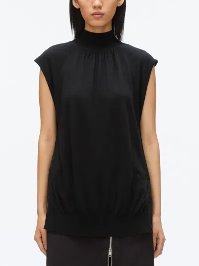 3.1 Phillip Lim Chiffon Godet Panel Mock Neck Sweater In Black