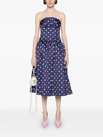 Self-portrait Polka Dot Satin Midi Dress In Navy In Blue