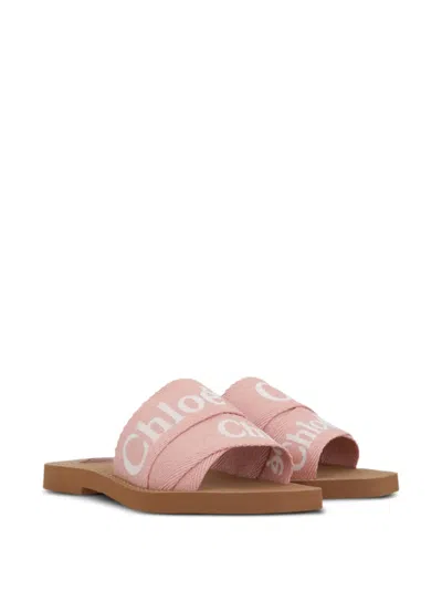Chloé Woody Logo Embroidered Flat Slides In Light Rosewood