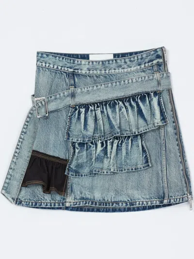 3.1 Phillip Lim Denim Ruffle Mini Skirt In Washed Indigo In Multi
