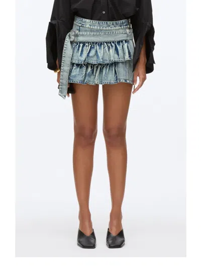 3.1 Phillip Lim Denim Ruffle Mini Skirt In Washed Indigo In Multi