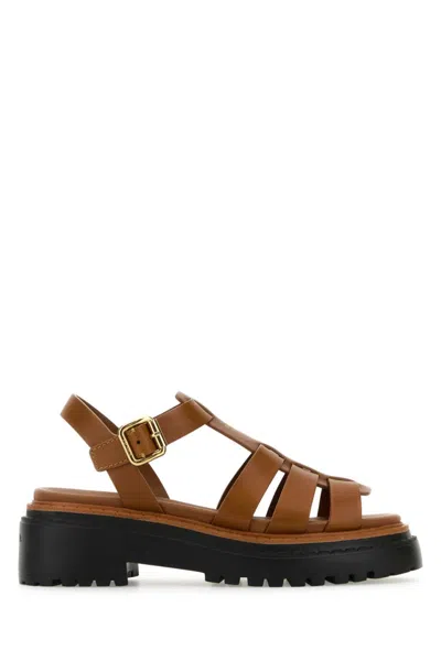 Prada Brown Leather Sandal With Logo In Brown