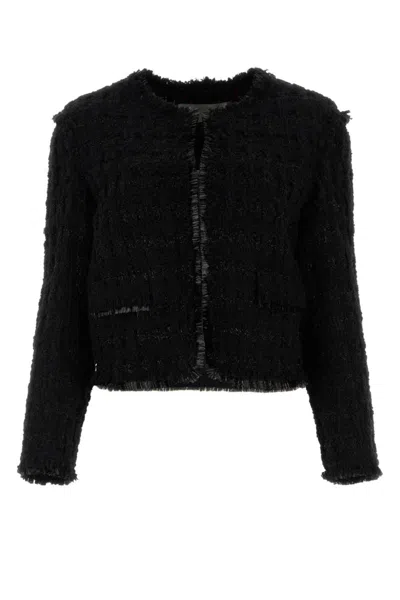 Tory Burch Textured Crop Tweed Jacket With Flap Pockets In Black