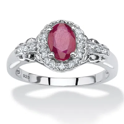 Palm Beach Jewelry 1.18 Tcw Oval Genuine Ruby And Topaz Halo Ring In .925 Sterling Silver In Red