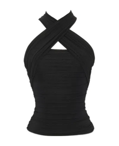 Saint Laurent Wool Drape Halter Top With Hood In Black