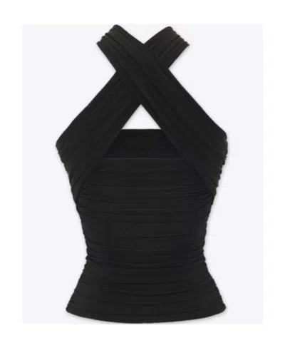 Saint Laurent Wool Drape Halter Top With Hood In Black