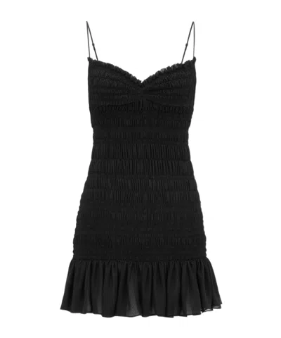 Saint Laurent Silk Smocked Mini Dress In Black