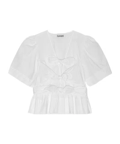 Ganni Womens Bright White Tie Strap Puffed-sleeves Stretch-cotton Blouse