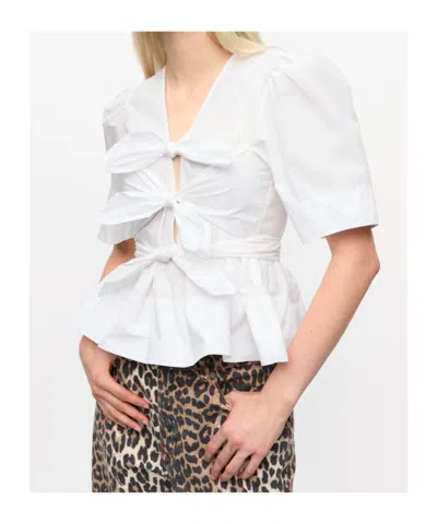 Ganni Womens Bright White Tie Strap Puffed-sleeves Stretch-cotton Blouse