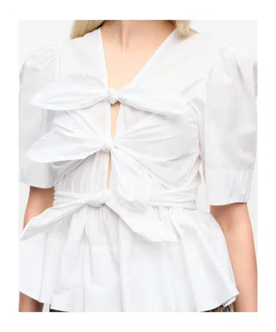 Ganni Womens Bright White Tie Strap Puffed-sleeves Stretch-cotton Blouse
