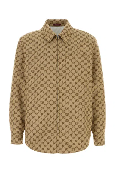 Gucci Beige Jacket With Classic Collar And Front Zip Closure In Gg Canvas Man In Ggsupremebeige