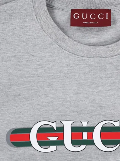 Gucci Grey Crewneck T-shirt With Logo Lettering And Web Detail On The Front In Cotton Woman In Grey Melange