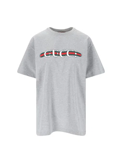 Gucci Grey Crewneck T-shirt With Logo Lettering And Web Detail On The Front In Cotton Woman In Grey Melange