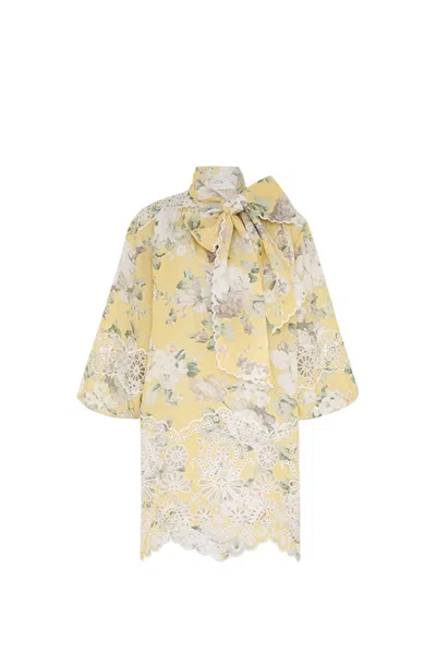 Zimmermann Delicate Floral Playsuit With Removable Belt And Ruffled Edges In Yellow